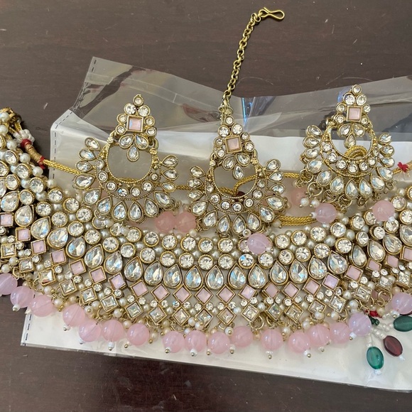 Indian Bollywood gold plated Kunda choker bridal necklace earrings jewelry set - Picture 5 of 5